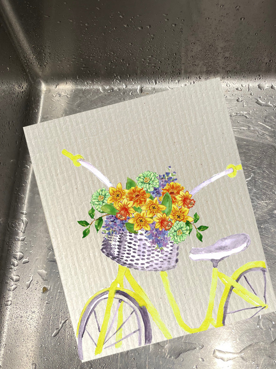 Yellow Bike With Basket Bio-degradable Cellulose Dishcloth Set of 2