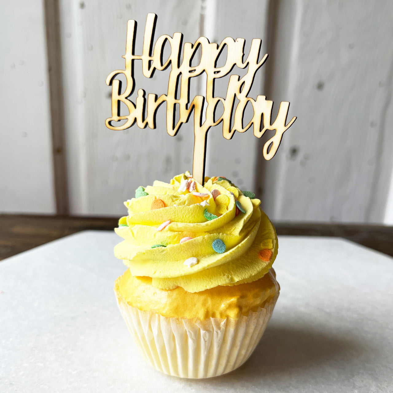 Happy Birthday Cursive Wood Cake Topper