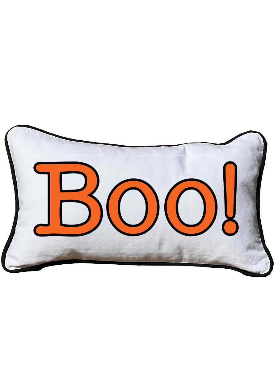 BOO! Lumbar White Pillow with Piping