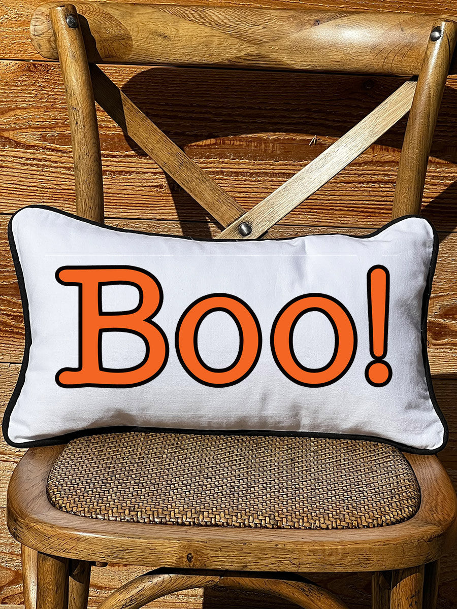 BOO! Lumbar White Pillow with Piping