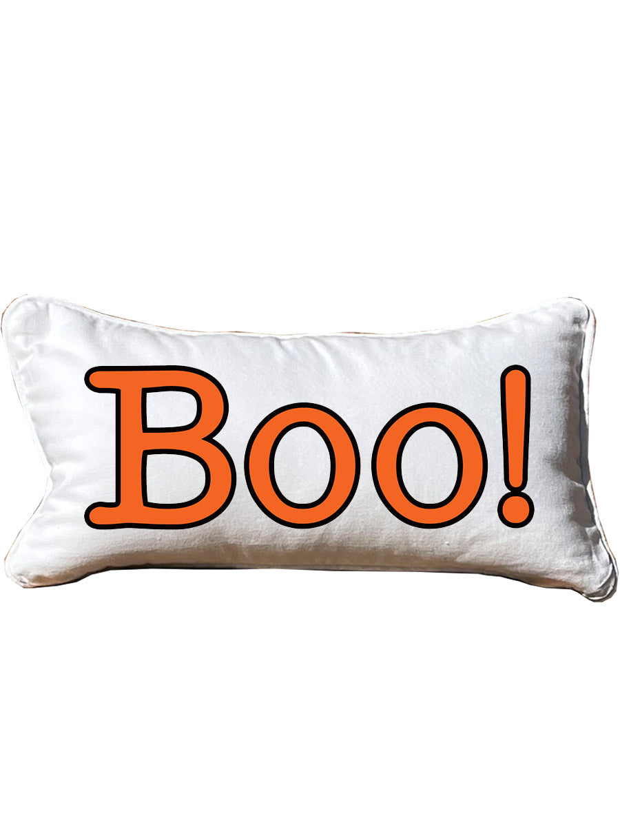 BOO! Lumbar White Pillow with Piping