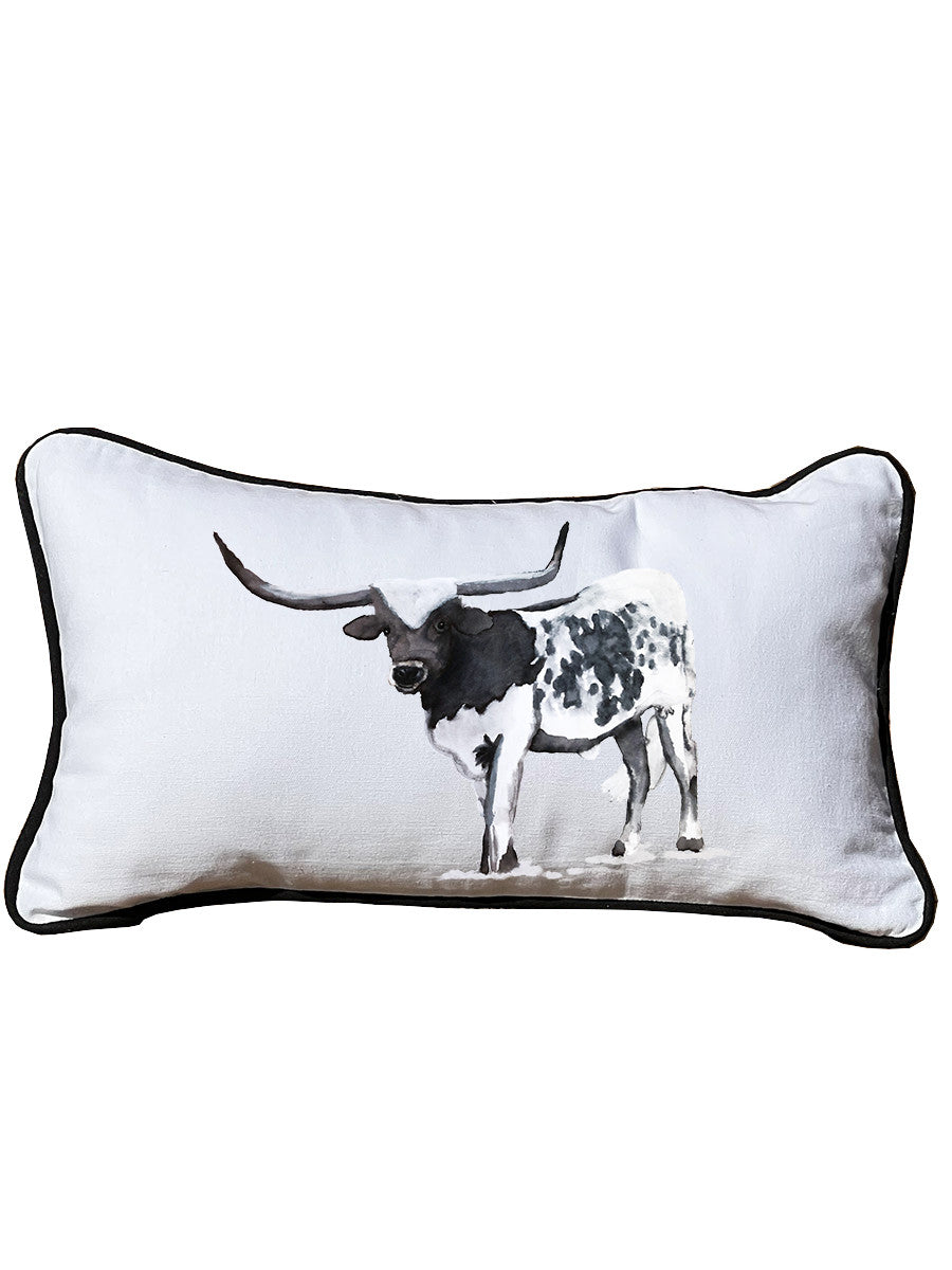 Black & White Longhorn Lumbar White Pillow with Piping