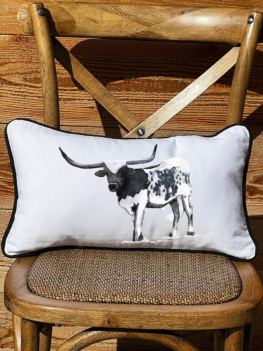 Black & White Longhorn Lumbar White Pillow with Piping