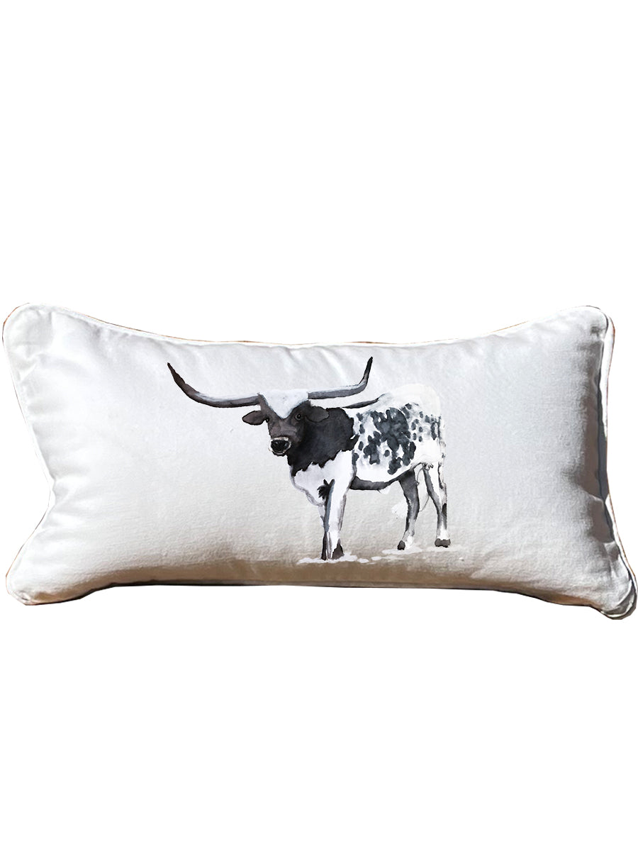 Black & White Longhorn Lumbar White Pillow with Piping