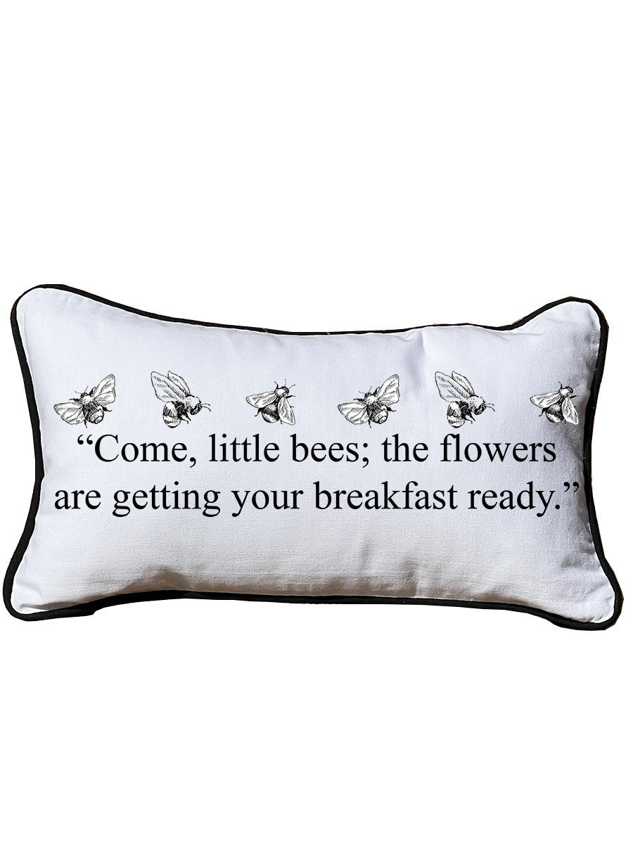 Come Little Bees Lumbar White Pillow with Piping