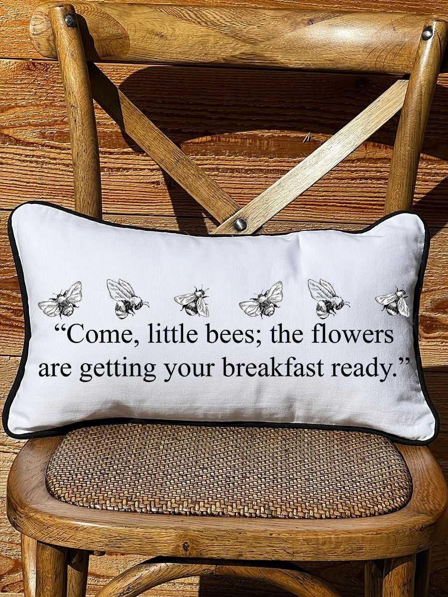Come Little Bees Lumbar White Pillow with Piping
