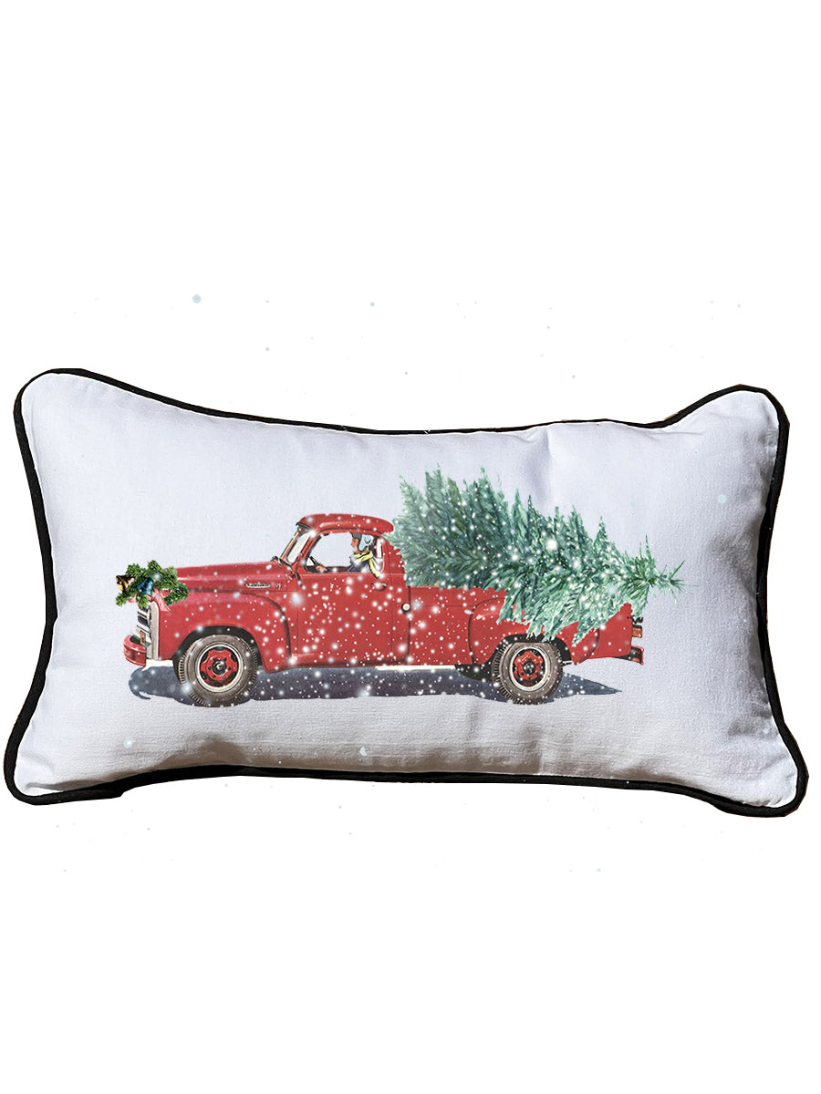 Christmas Truck White Lumbar Pillow with Piping