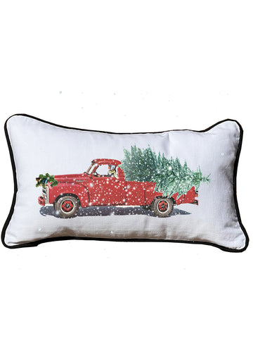 Christmas Truck White Lumbar Pillow with Piping