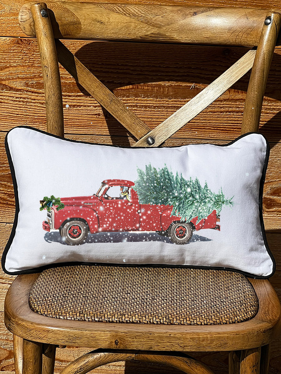 Christmas Truck White Lumbar Pillow with Piping