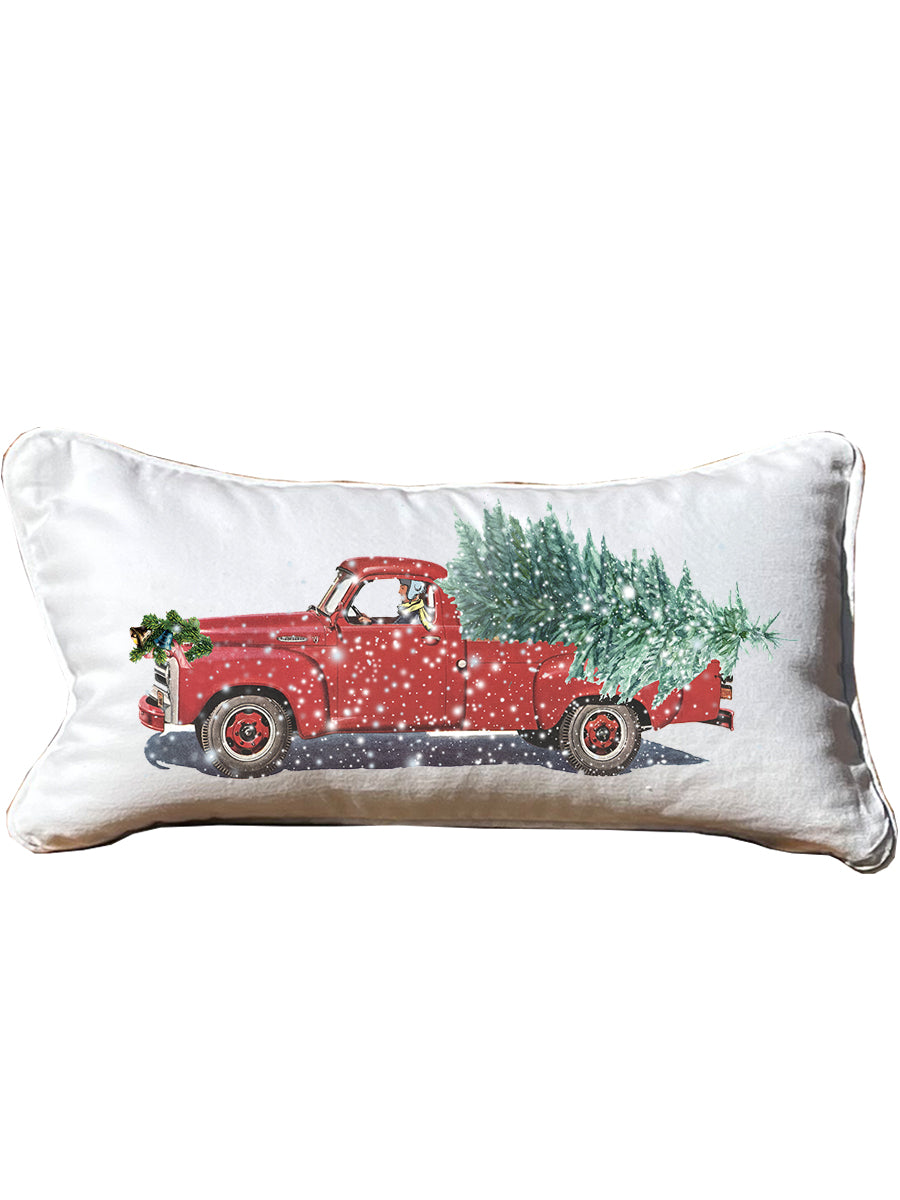 Christmas Truck White Lumbar Pillow with Piping