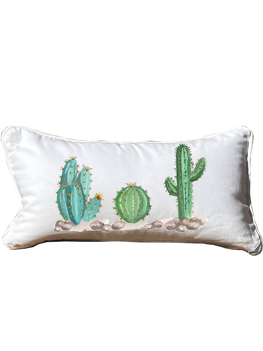 Cactus Trios Lumbar White Pillow with Piping