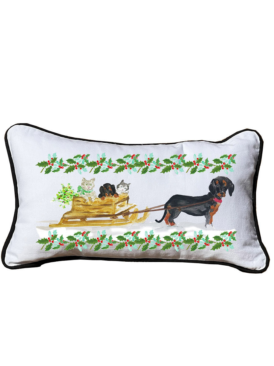 Dachshund Sled & Holly White  Lumbar Pillow with Piping