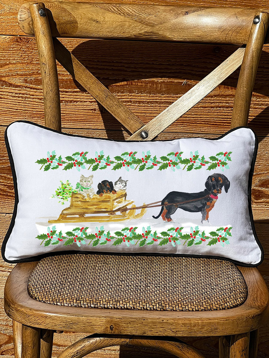 Dachshund Sled & Holly White  Lumbar Pillow with Piping