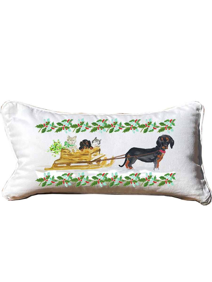 Daschund Sled & Holly White  Lumbar Pillow with Piping
