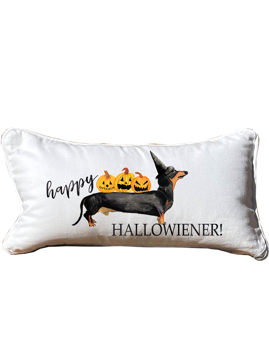 Happy Hallowiener Lumbar White Pillow with Piping
