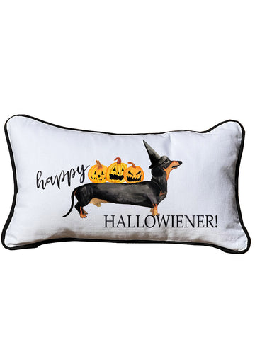 Happy Hallowiener Lumbar White Pillow with Piping
