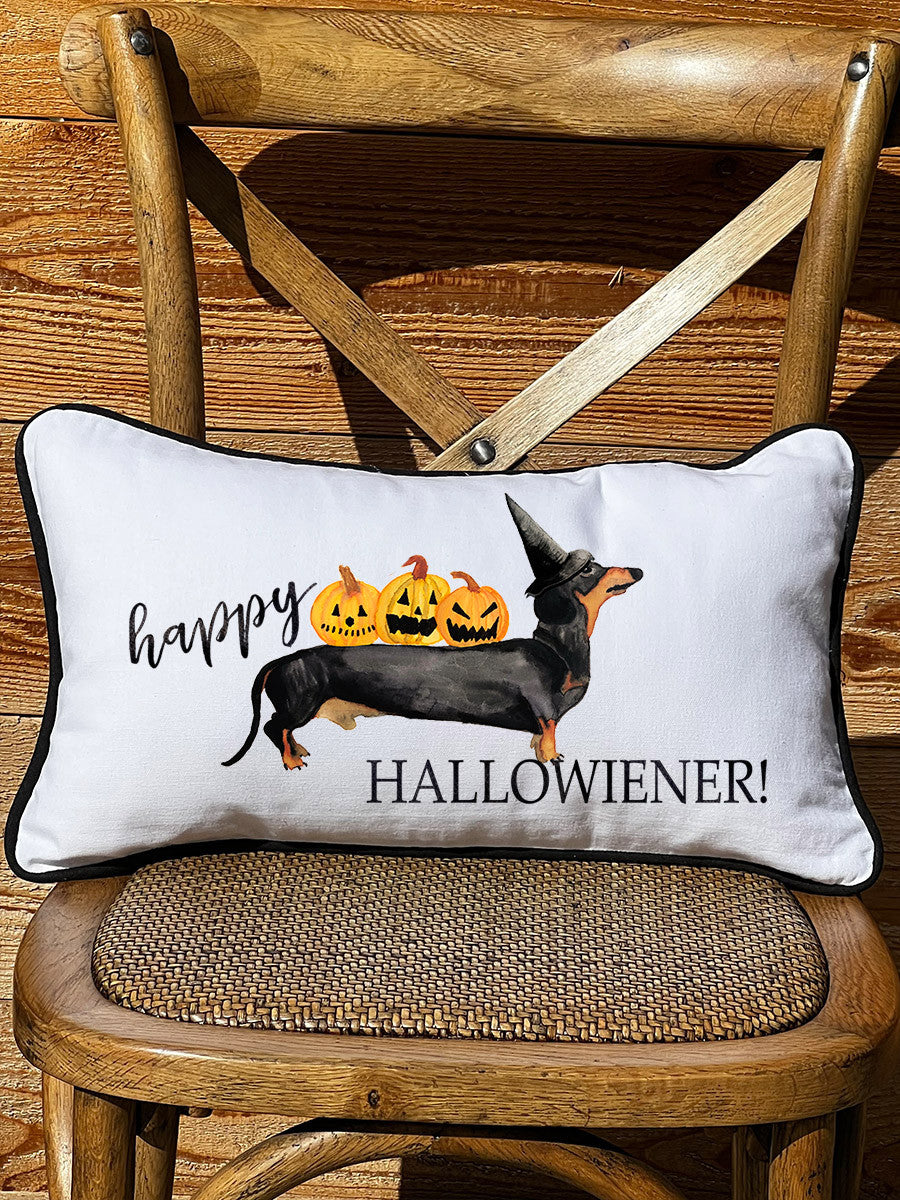 Happy Hallowiener Lumbar White Pillow with Piping