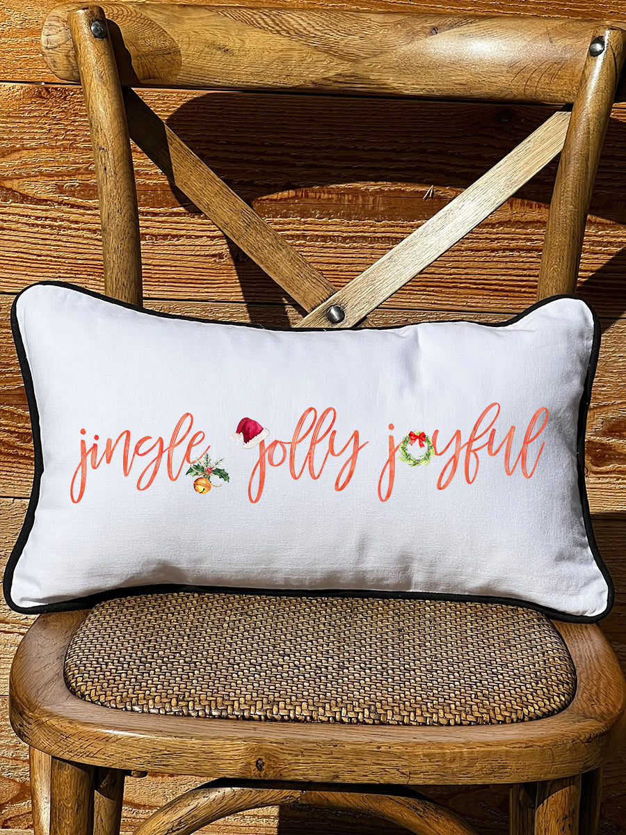 Jingle Jolly Joyful White Lumbar Pillow with Piping