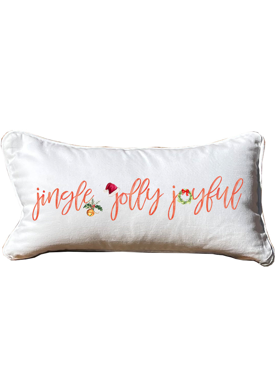 Jingle Jolly Joyful White Lumbar Pillow with Piping