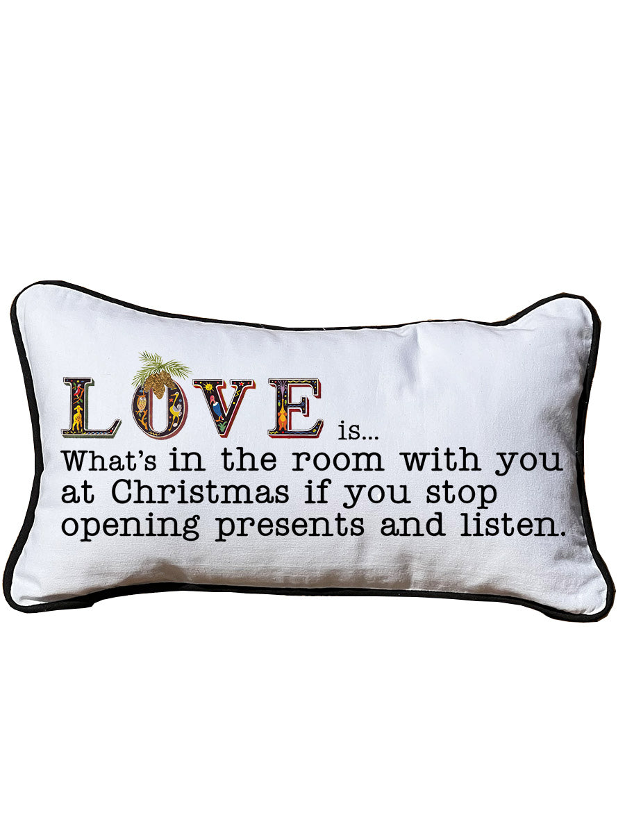 Love is Christmas White Lumbar Pillow with Piping