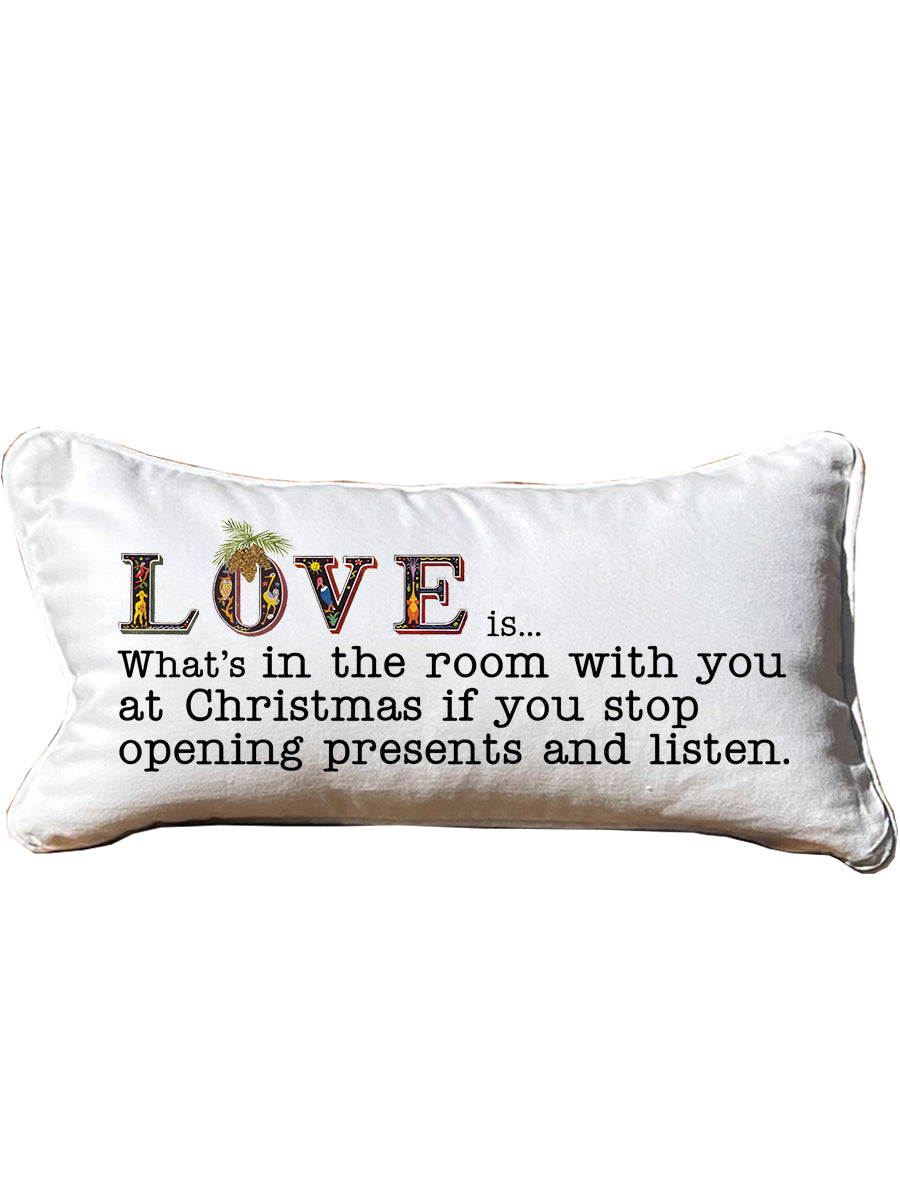 Love is Christmas White Lumbar Pillow with Piping