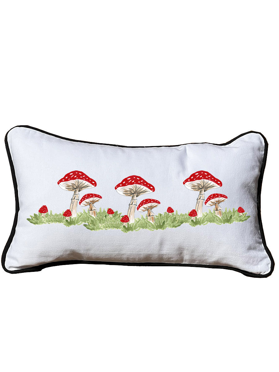 Red Mushrooms Lumbar White Pillow with Piping