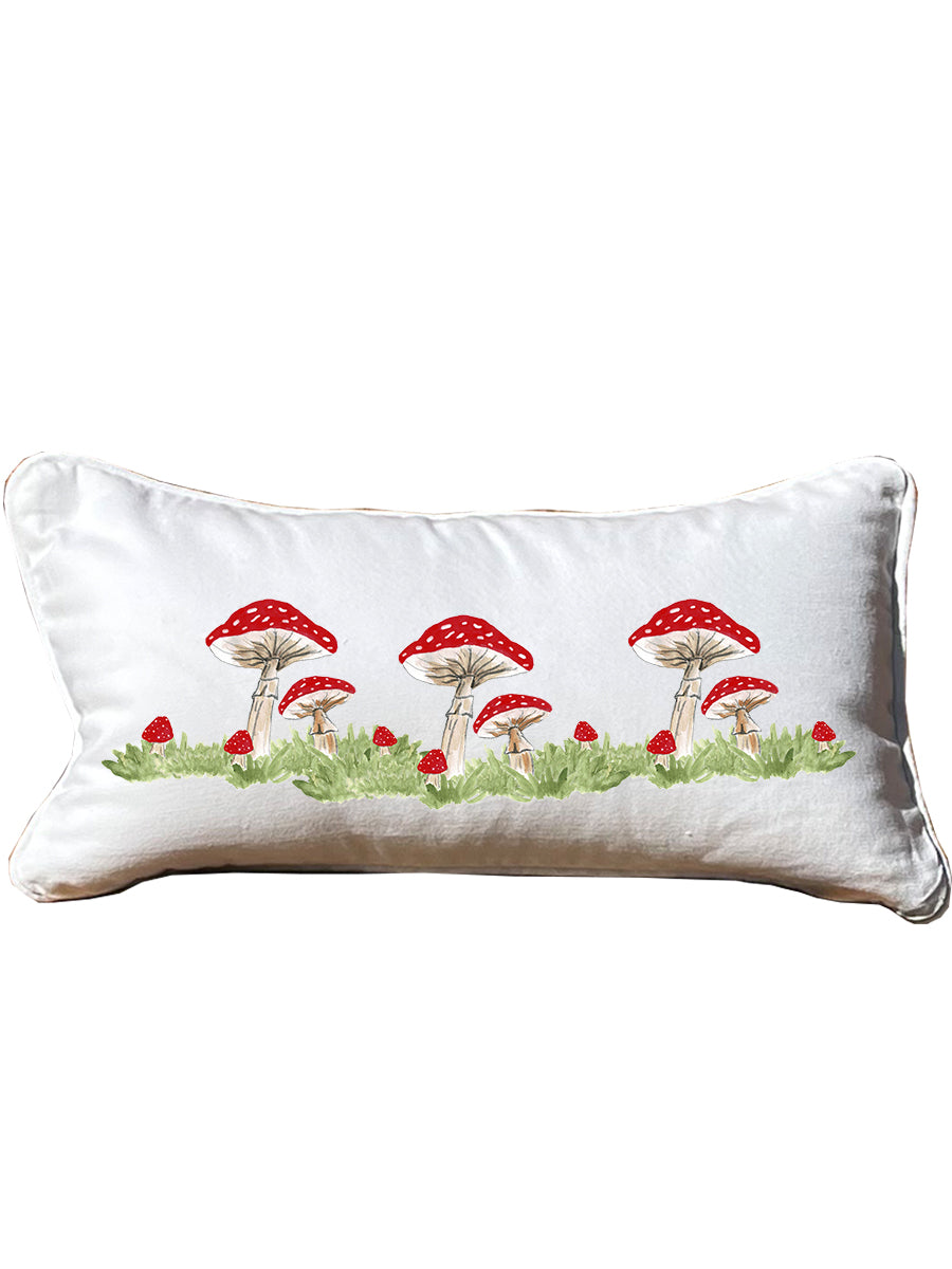 Red Mushrooms Lumbar White Pillow with Piping