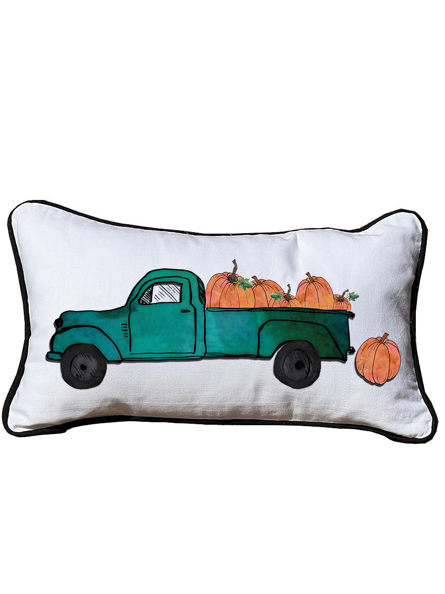 Pumpkin Truck Lumbar White Pillow with Piping