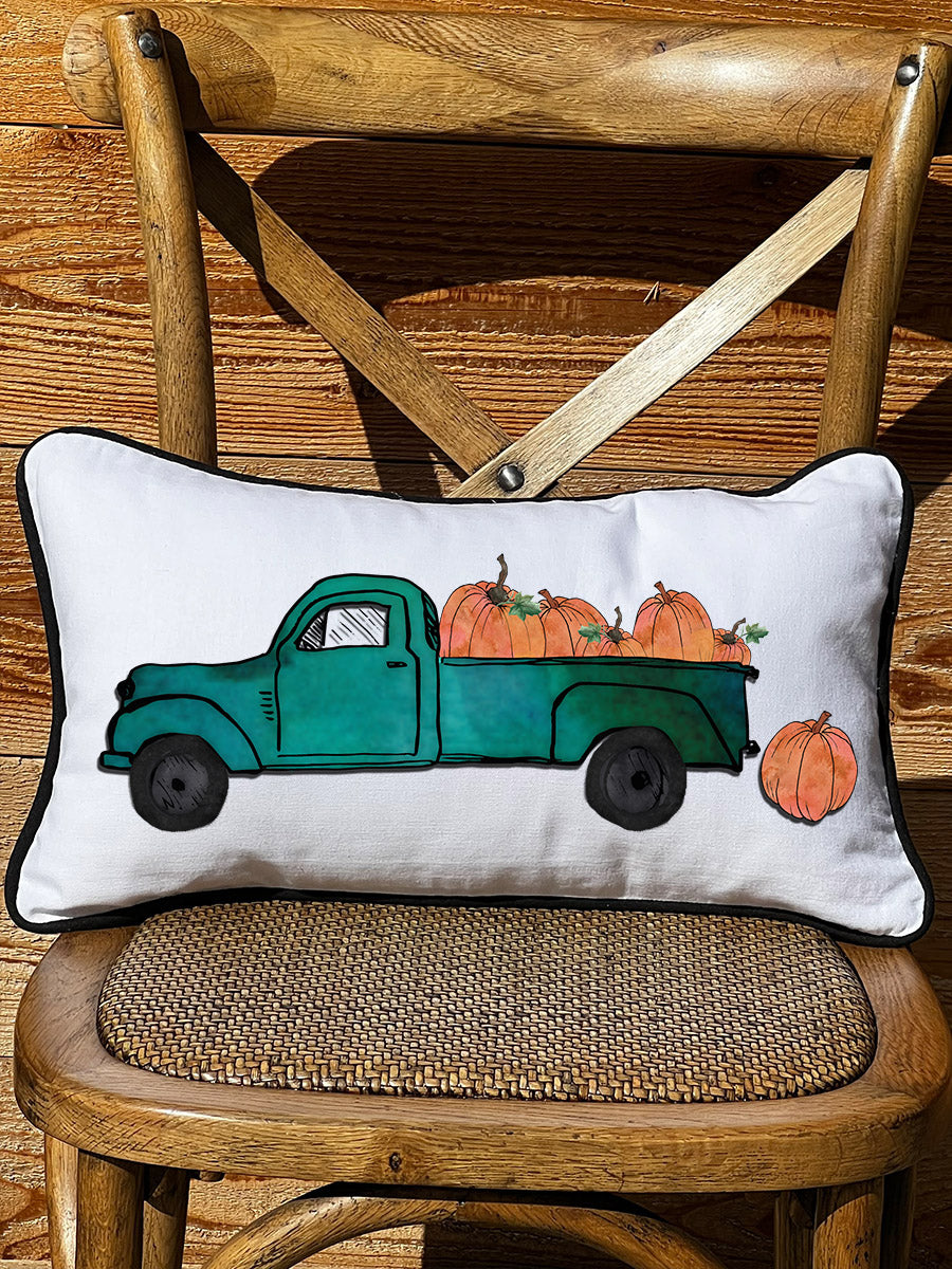 Pumpkin Truck Lumbar White Pillow with Piping