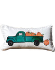 Pumpkin Truck Lumbar White Pillow with Piping