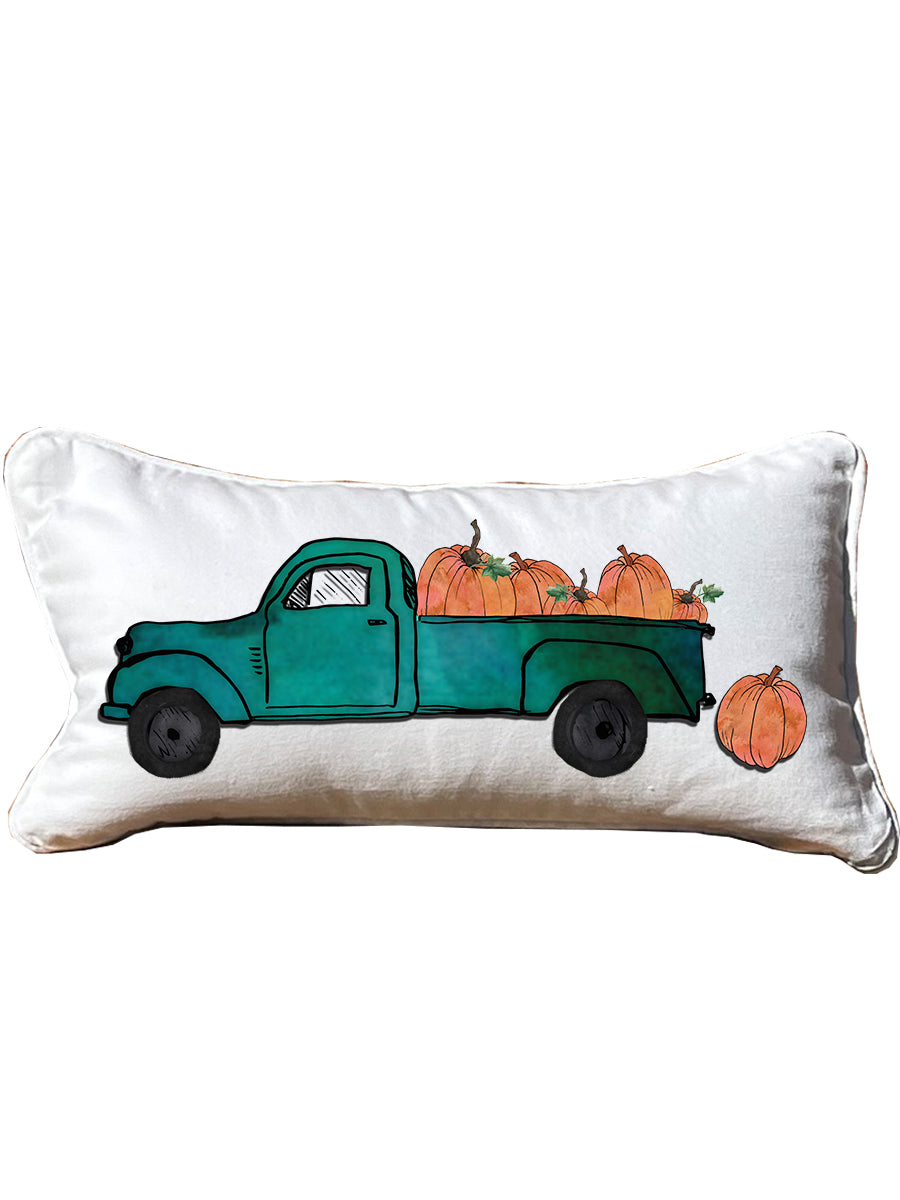 Pumpkin Truck Lumbar White Pillow with Piping