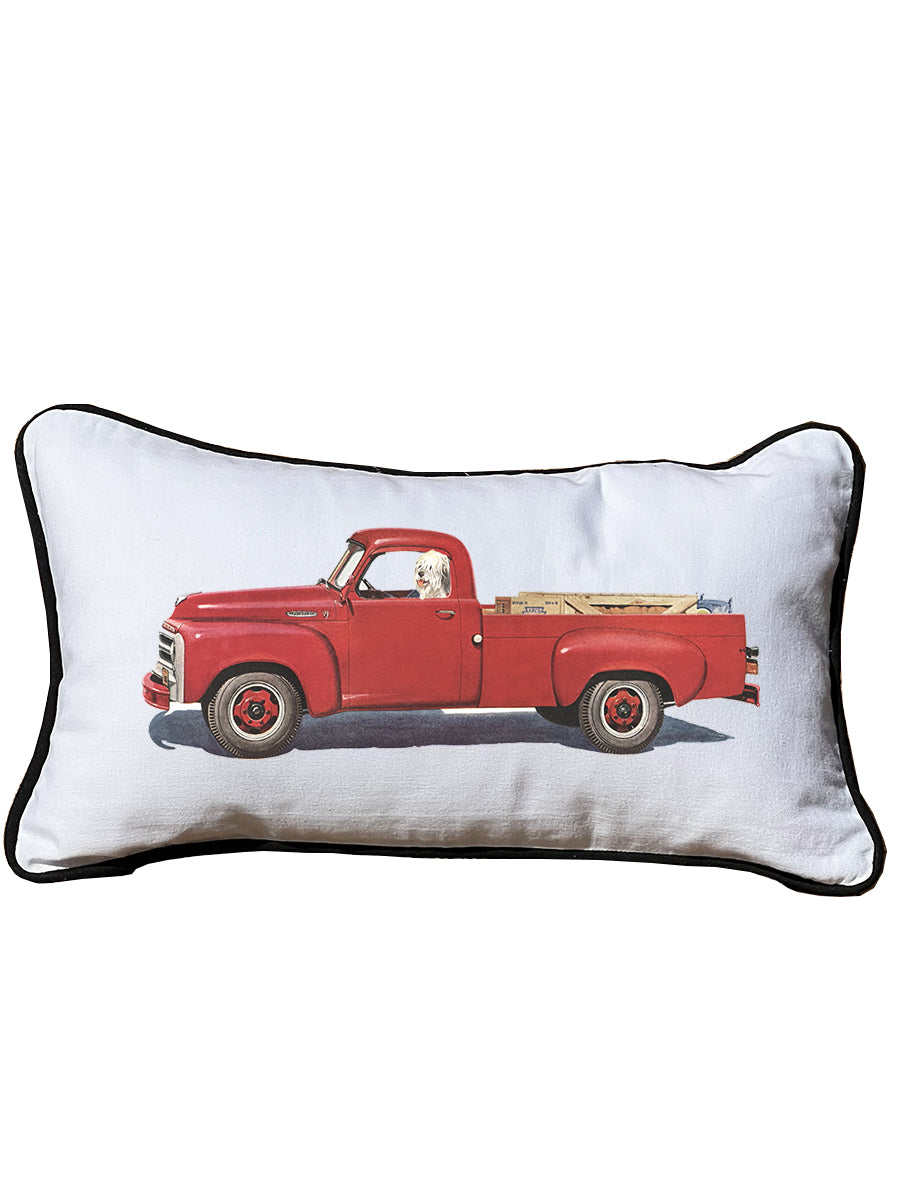 Red truck White Lumbar Pillow with Piping