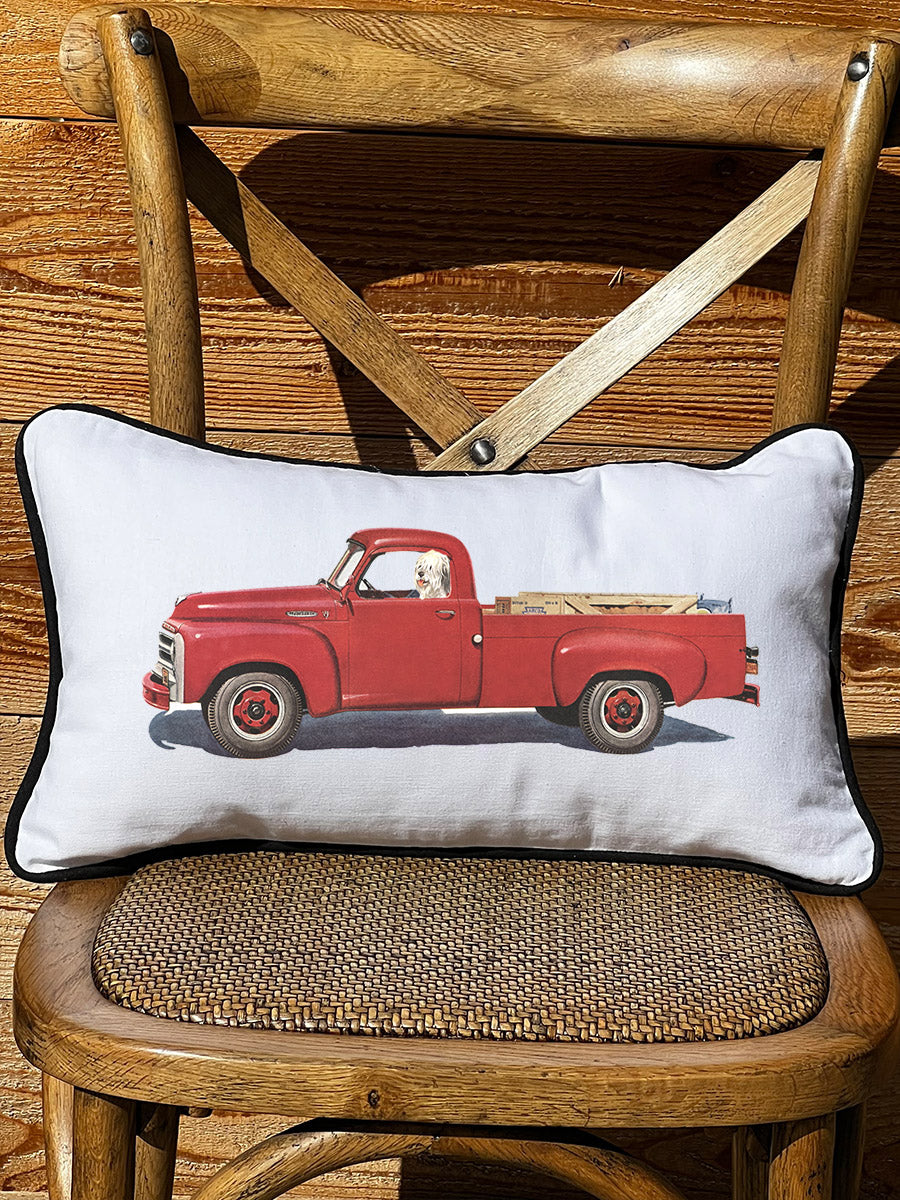 Red truck White Lumbar Pillow with Piping