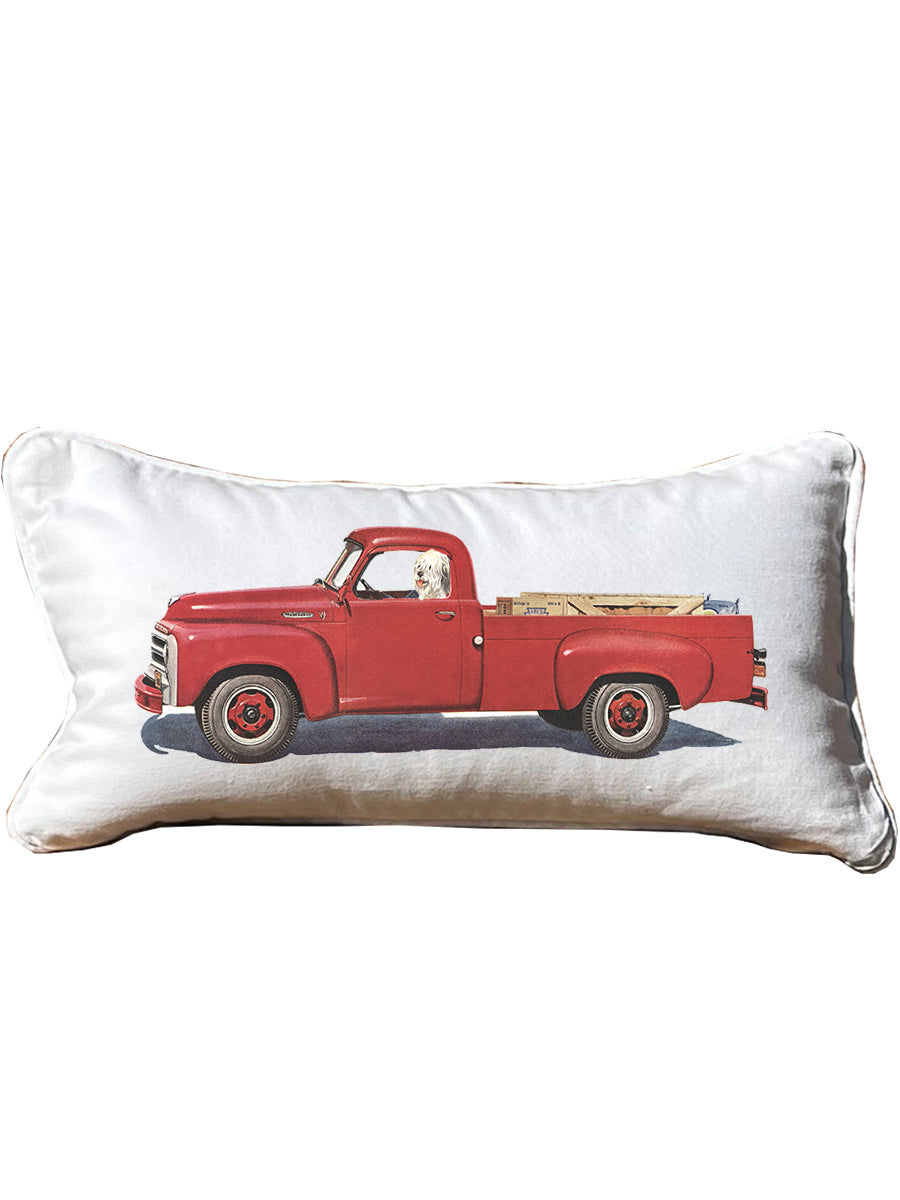 Red truck White Lumbar Pillow with Piping