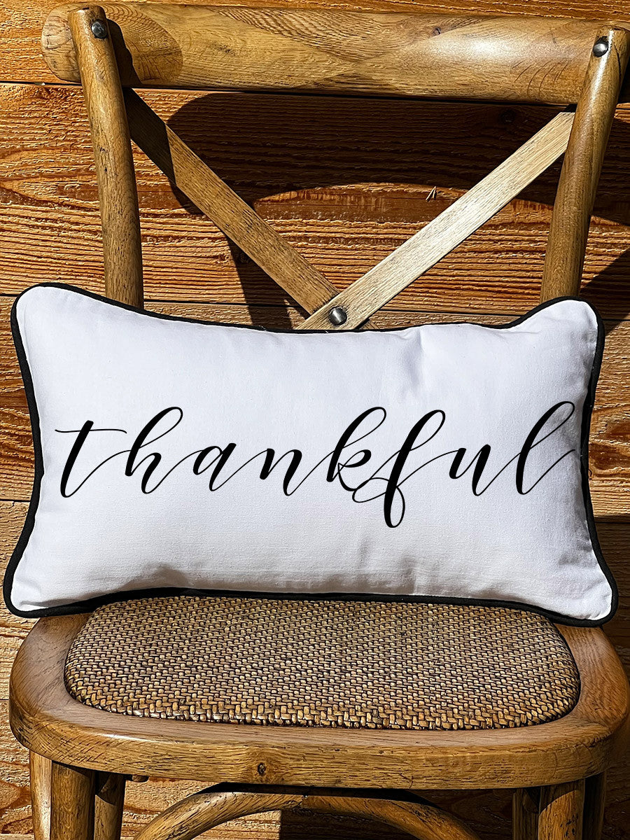 Thankful Lumbar White Pillow with Piping