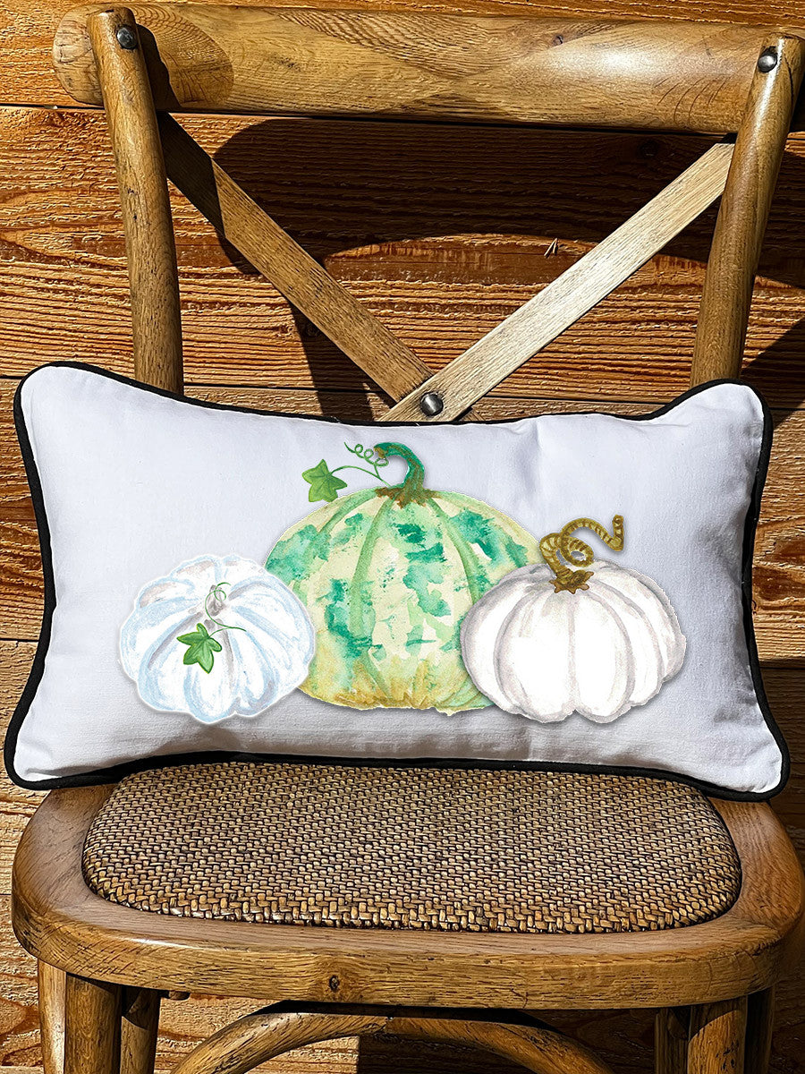 White and Green Pumpkins Lumbar White Pillow with Piping