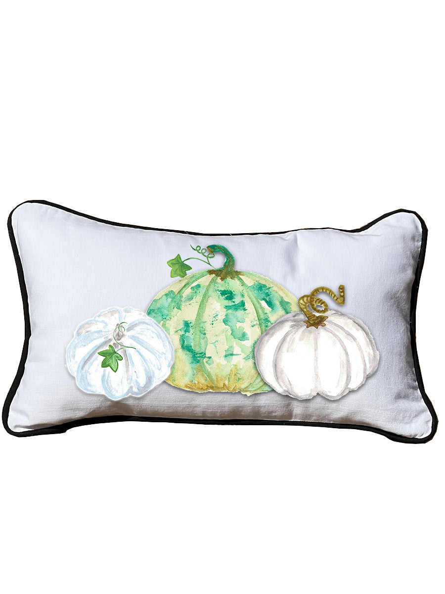 White & Green Pumpkins Lumbar White Pillow with Piping