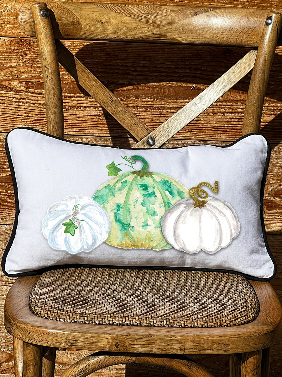 White & Green Pumpkins Lumbar White Pillow with Piping