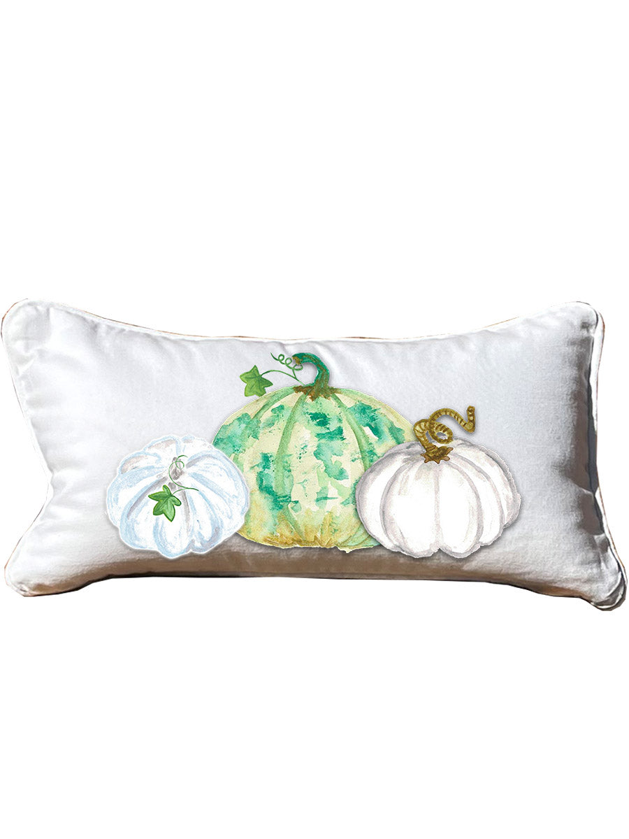 White & Green Pumpkins Lumbar White Pillow with Piping