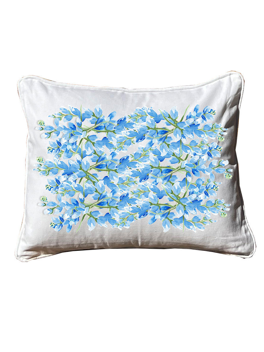 Bluebonnets All Over White Rectangular Pillow with Piping