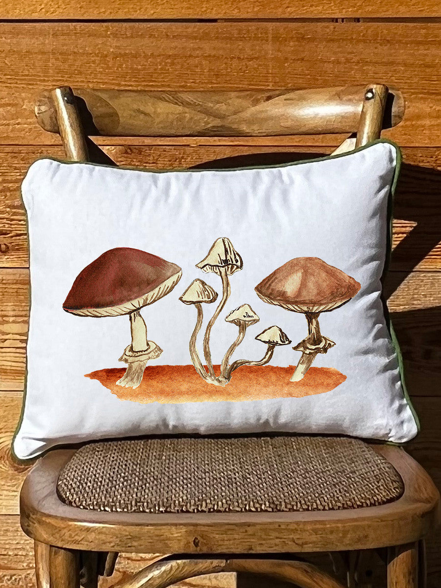 Brown Mushroom Trio White Rectangular Pillow with Piping