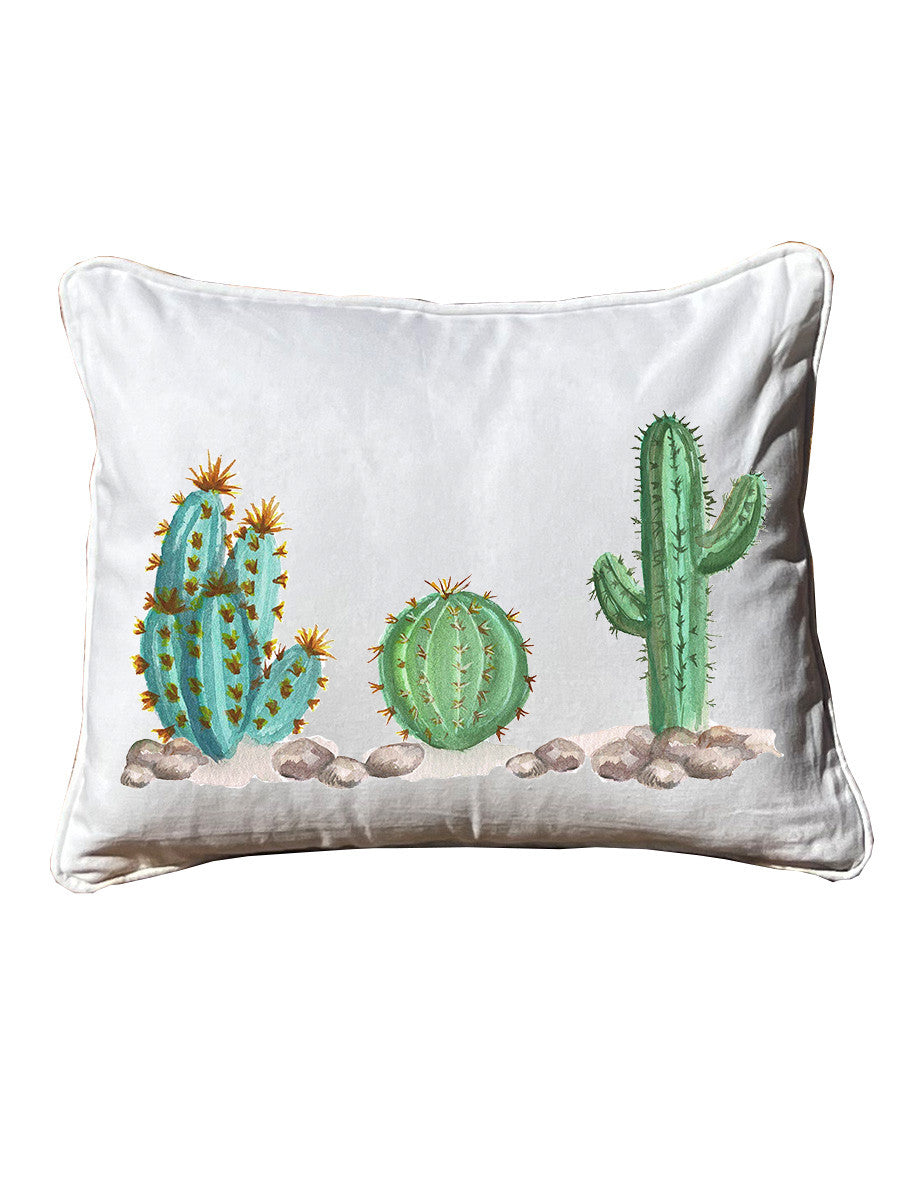 Cacti Trio White Rectangular Pillow with Piping