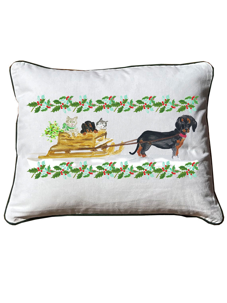 Dachshund Sled & Holly  White Rectangular Pillow with Piping
