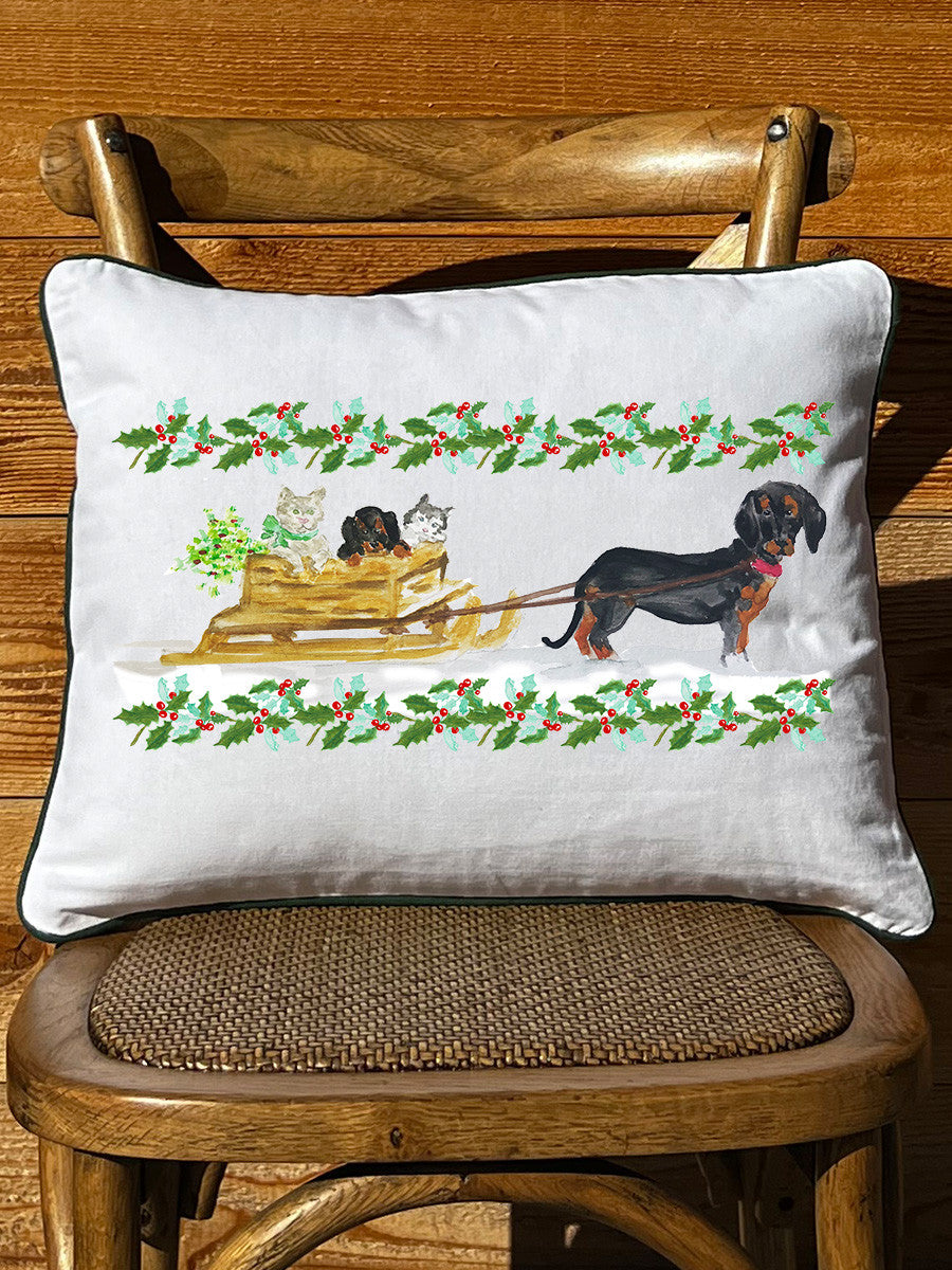 Dachshund Sled & Holly  White Rectangular Pillow with Piping