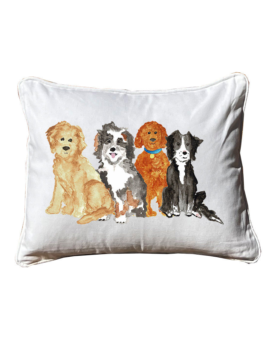 Four Pups  White Rectangular Pillow With Piping