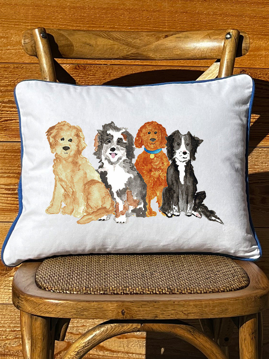 Four Pups  White Rectangular Pillow With Piping