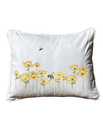 Flowers With Bee White Rectangular - Square Pillow with Piping