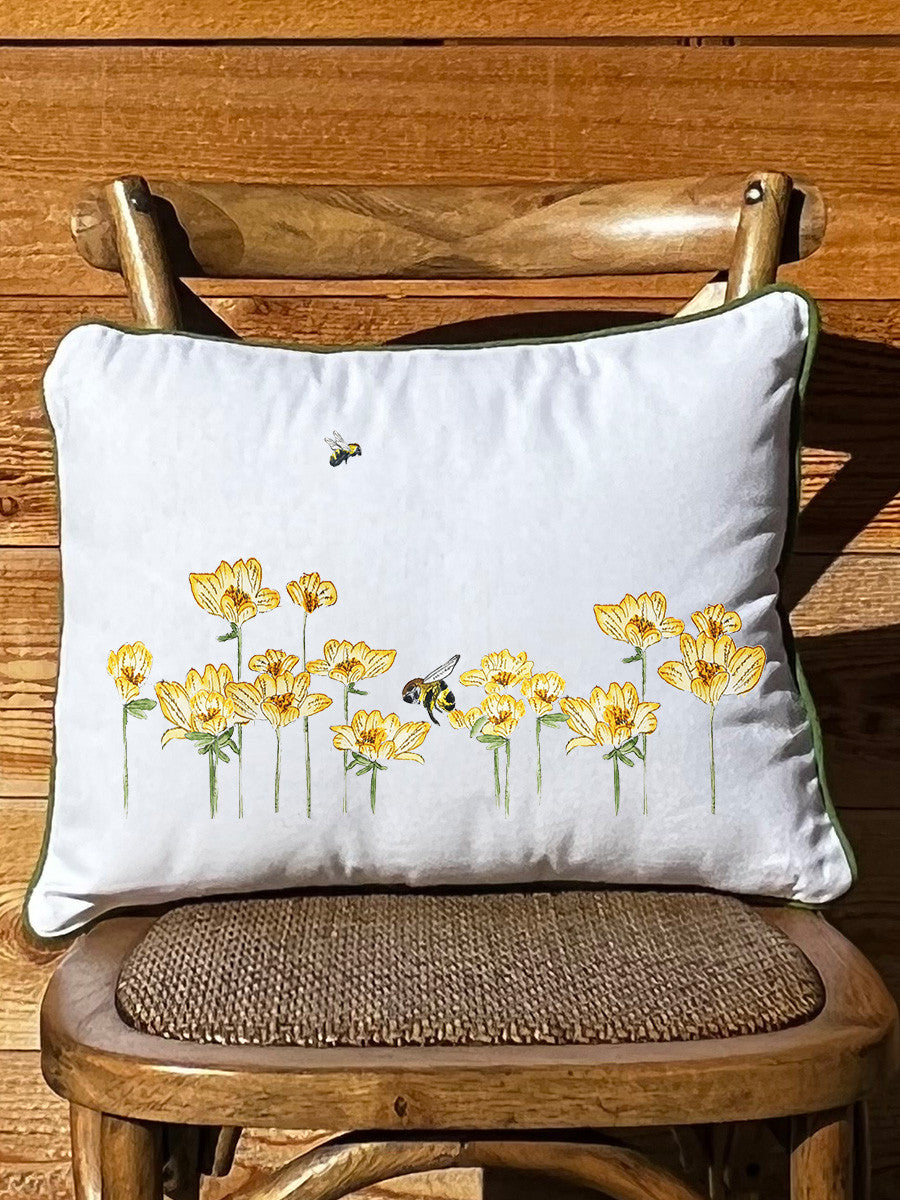 Flowers With Bee White Rectangular - Square Pillow with Piping