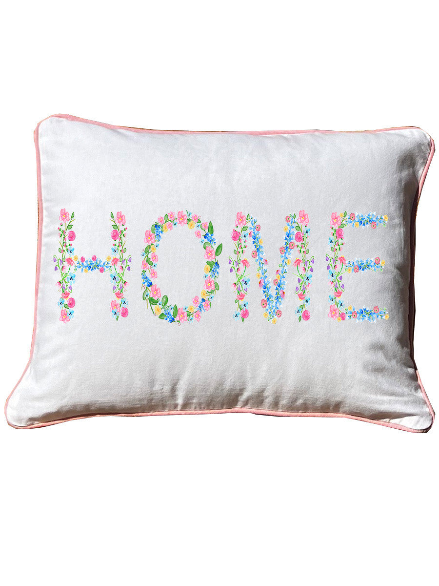 Home Floral White Rectangular Pillow with Piping
