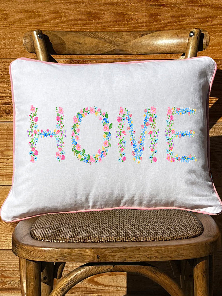 Home Floral White Rectangular Pillow with Piping